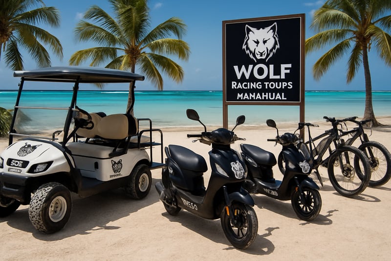 Carros de golf, motonetas y bicicletas eléctricas de Wolf Racing Tours en la playa de Mahahual